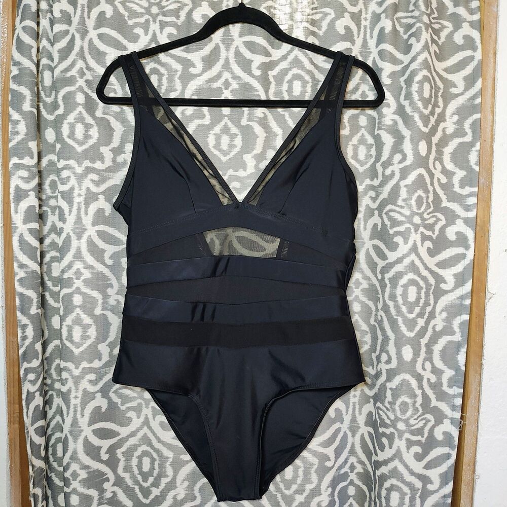 Contrast Mesh One Piece Swimsuit V Neck Black Size XL